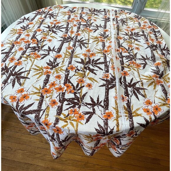 Vintage 1970s woven curtain, bamboo floral print, tan, brown, orange, per panel - Picture 2 of 5
